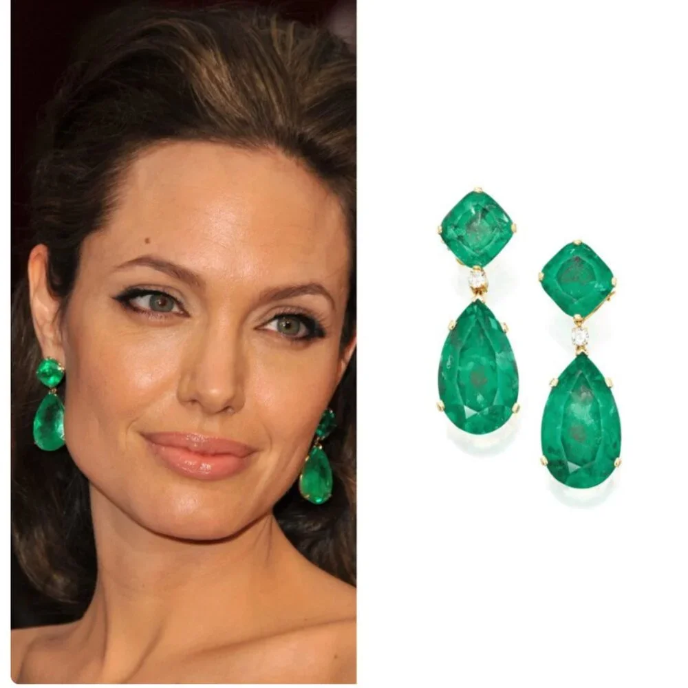 Angelina Jolie-Inspired Dangling Emerald Green Rhinestone Earrings on Gold - Picture 4 of 4